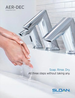 Sloan’s AER-DEC® integrated sink system, combining soap dispenser, faucet, and hand dryer in a single basin unit. This innovative solution allows users to wash and dry hands without leaving the sink area, enhancing hygiene, efficiency, and modern design.
