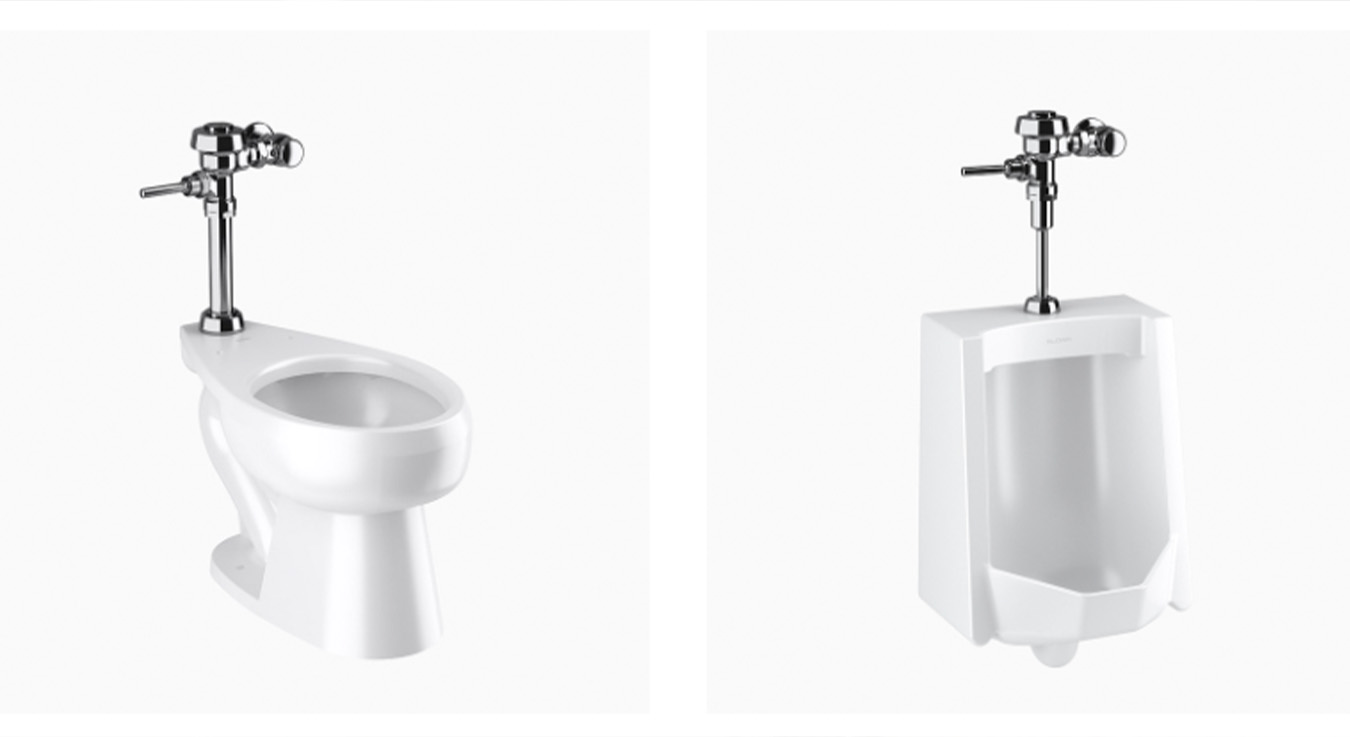 two white porcelain sanitary fixtures: on the left, a commercial toilet with a chrome flush valve, and on the right, a urinal with a similar flushing system. Both units stand out for their modern appearance, functionality, and water efficiency.