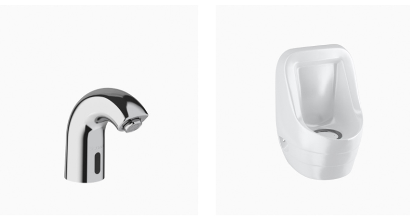 two modern restroom products: on the left, an automatic chrome faucet with an infrared sensor; on the right, a compact urinal without a visible flush valve, designed for efficient spaces and easy maintenance.