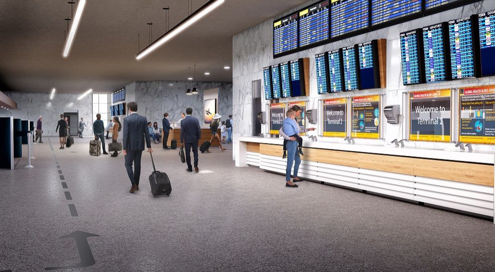 Modern airport terminal with flight information screens, passengers with luggage, and customer service areas, featuring warm lighting and contemporary design.