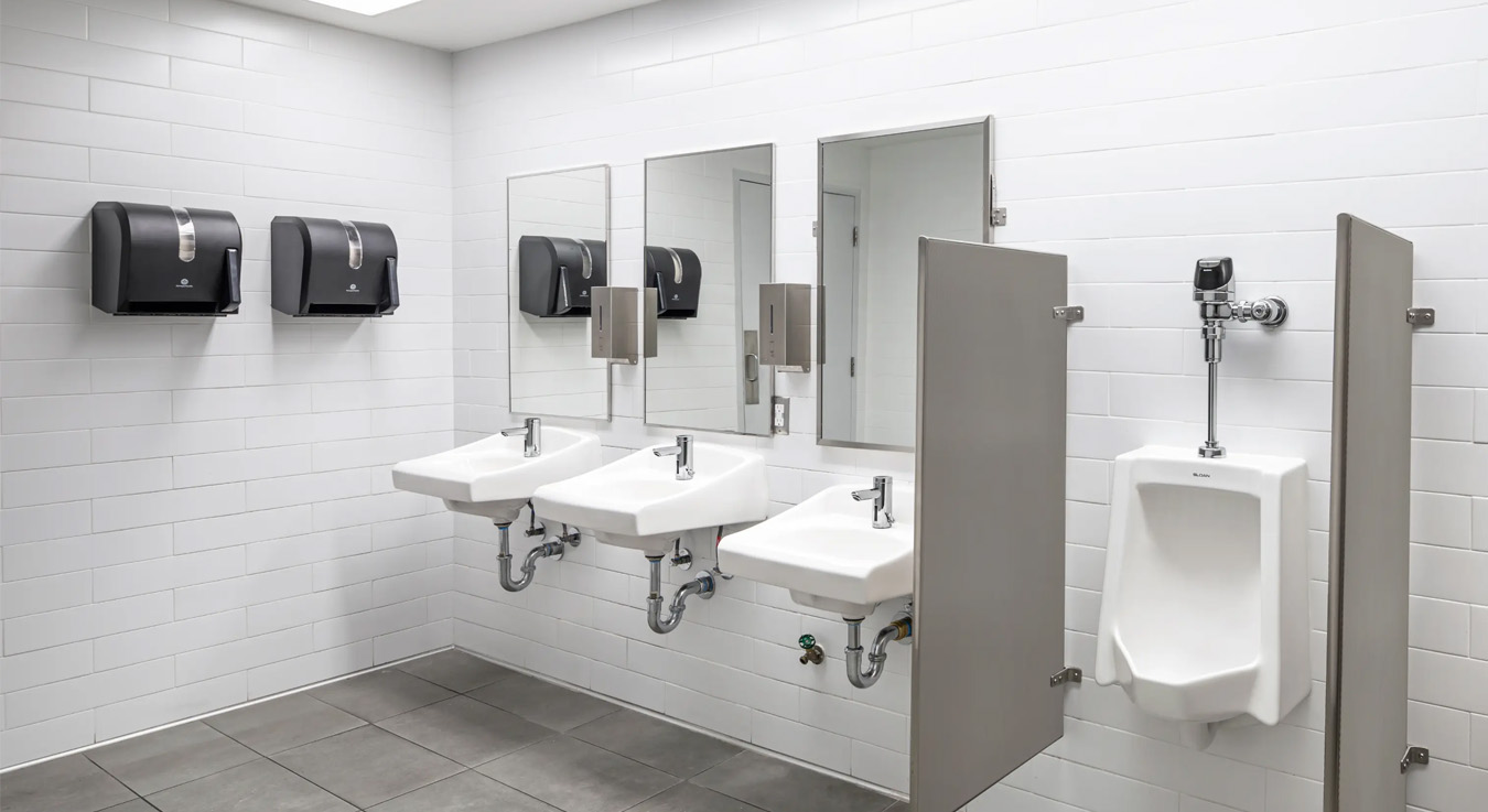 a modern, well-lit public restroom with a clean and functional design. It features two sinks with automatic faucets, soap and paper towel dispensers, and a urinal separated by privacy panels. The white walls and gray tiled floor enhance a minimalist and hygienic aesthetic.