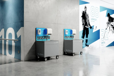 two Sloan® mobile handwashing stations, engineered to provide hygiene anywhere without the need for fixed plumbing.