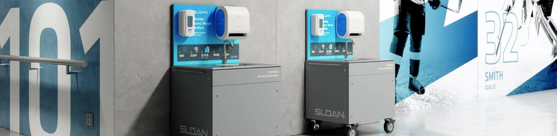 two Sloan® mobile handwashing stations, engineered to provide hygiene anywhere without the need for fixed plumbing.