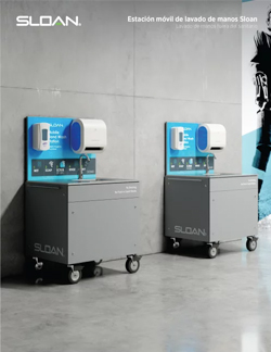 two Sloan mobile handwashing stations, designed to provide hygiene in any environment. Their wheeled structure allows easy mobility, while the touch-free dispensers for water, soap, and towels integrate advanced technology to promote cleanliness, safety, and sustainability.