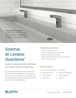 a Sloan product sheet highlighting the SloanStone® Sink Systems, designed to provide durability, aesthetics, and functionality. The solid-surface sink and touch-free faucets illustrate the fusion of innovation and elegance, ideal for commercial, institutional, and high-traffic projects.
