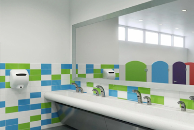 the sink area at Burns Sci-Tech Charter School, featuring Sloan touch-free faucets that enhance hygiene and water efficiency