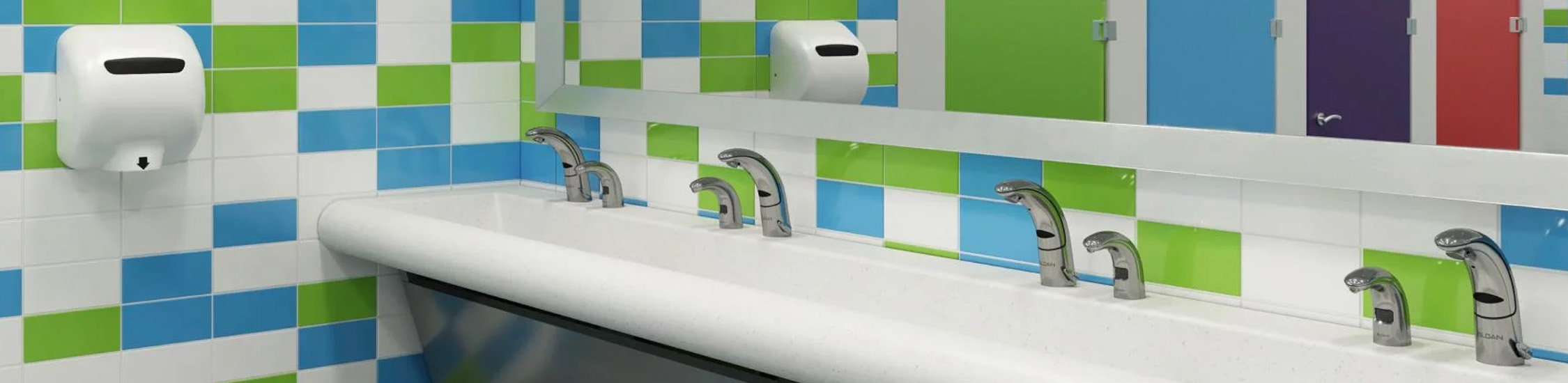 the sink area at Burns Sci-Tech Charter School, featuring Sloan touch-free faucets that enhance hygiene and water efficiency