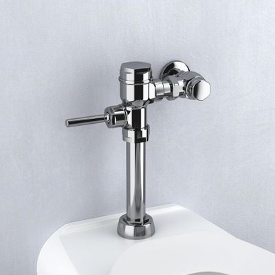 Sloan manual flushometer in polished chrome finish installed above a toilet against a light gray wall.