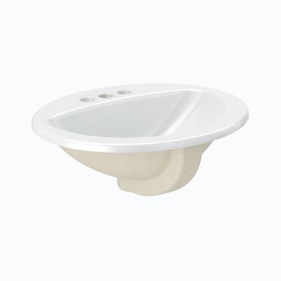 White undercounter oval sink with three faucet holes, ideal for commercial restrooms.