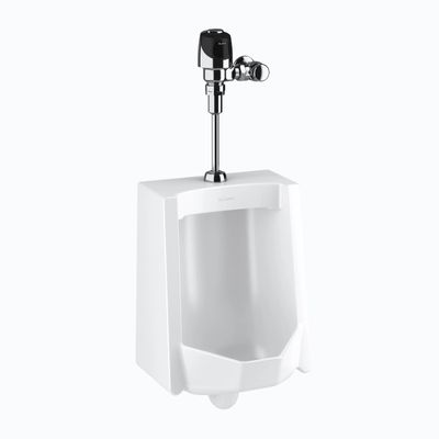Sloan commercial white porcelain urinal with automatic flushometer in polished chrome finish.