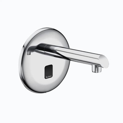 Sloan wall-mounted automatic faucet in polished chrome with integrated infrared sensor.
