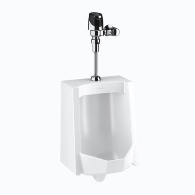 Sloan white porcelain urinal with sensor-activated flushometer in polished chrome finish, ideal for commercial restrooms.