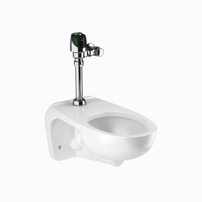 Sloan wall-mounted commercial toilet with automatic flushometer in polished chrome finish and green indicator light.