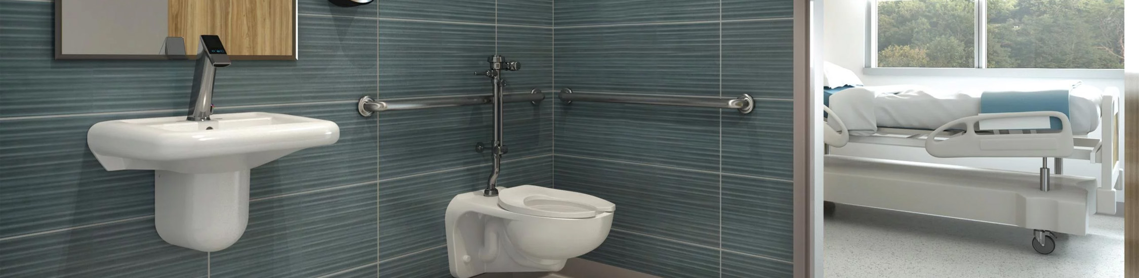 an institutional restroom designed for accessibility, featuring Sloan® products.