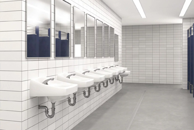 a large-capacity institutional restroom, featuring a row of wall-mounted sinks aligned with wide mirrors.
