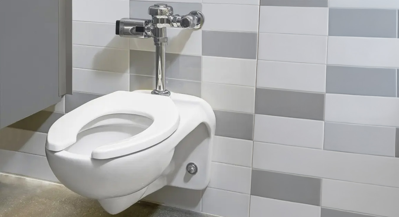 wall-mounted white porcelain toilet with a chrome Sloan automatic flush valve, installed against a painted gray block wall. A stainless-steel grab bar and dark stall door indicate an accessible restroom layout.