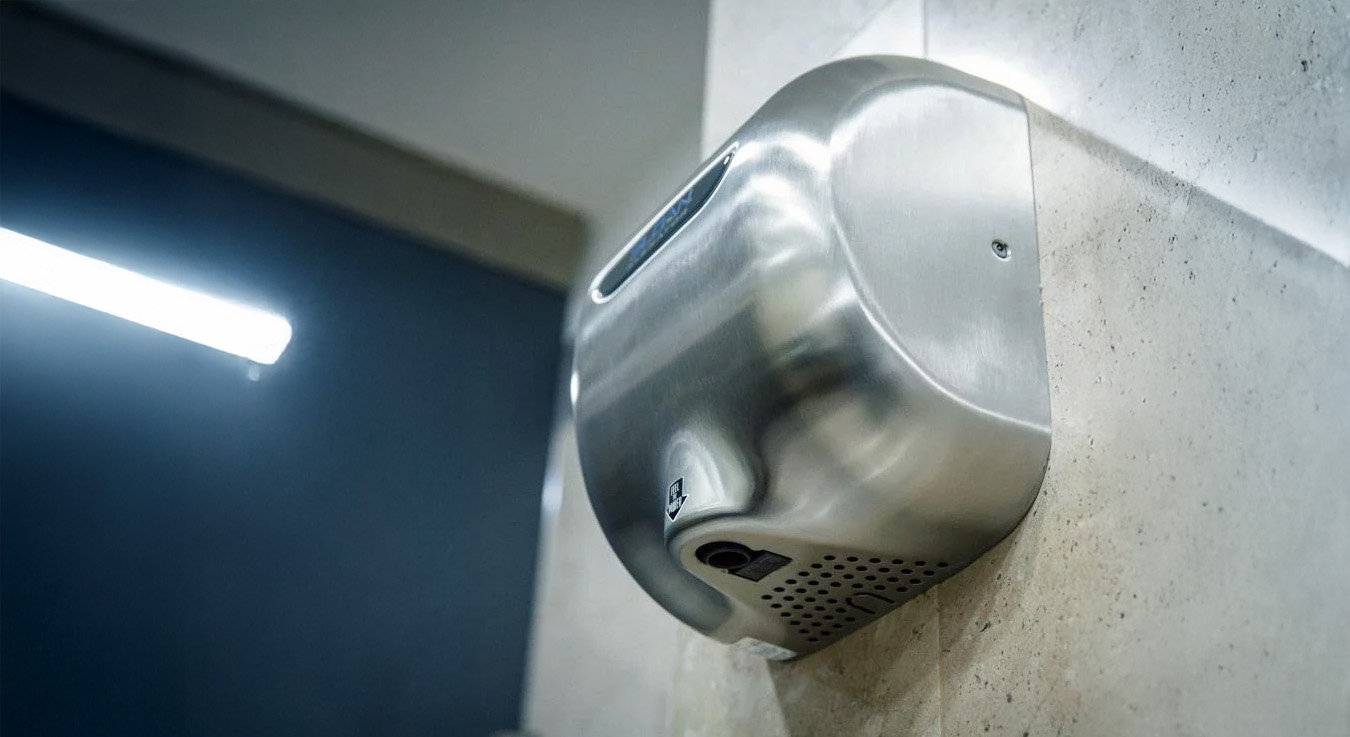 automatic stainless steel hand dryer mounted on a beige-tiled wall. Its modern and sturdy design conveys durability and hygiene, making it ideal for high-traffic restrooms.