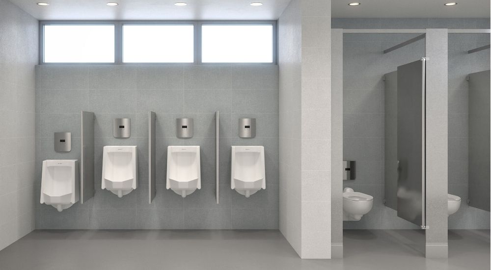 Modern restroom with Sloan touchless urinals and toilets