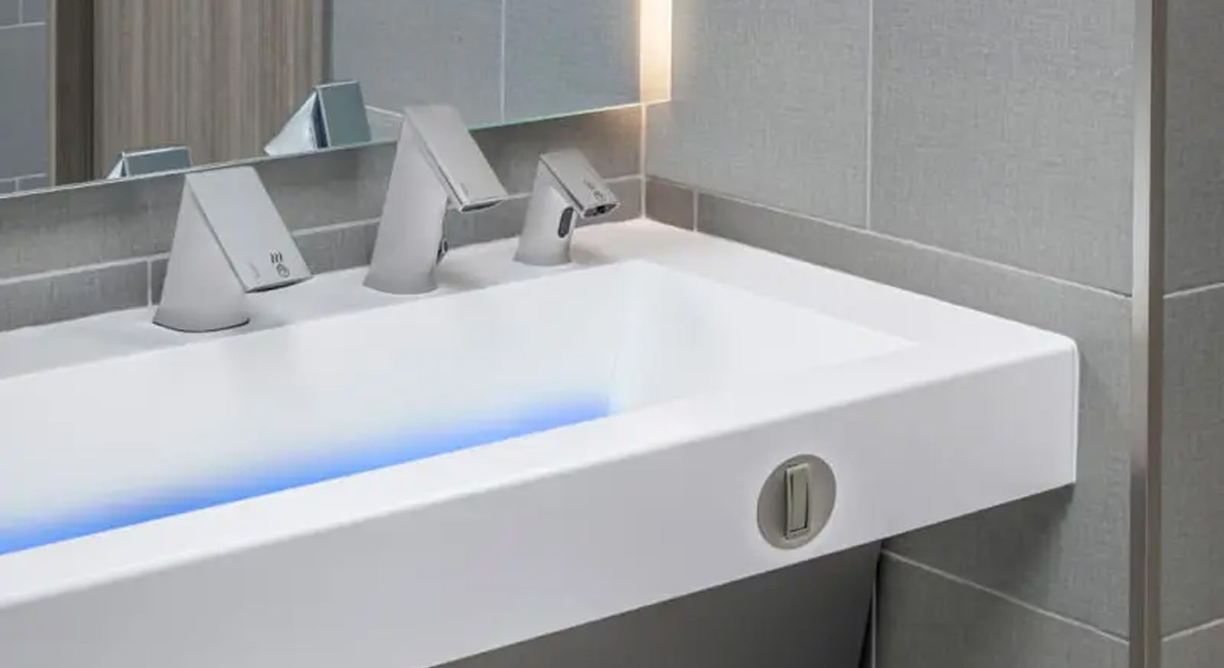 a Sloan handwashing station with a modern, touch-free design. It integrates a soap dispenser, faucet, and hand dryer, all sensor-activated for maximum hygiene and efficiency. The white basin with blue LED lighting enhances the sense of cleanliness and innovation, ideal for high-traffic or corporate spaces.