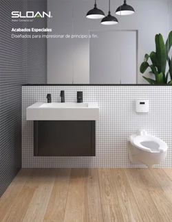 an elegant restroom featuring Sloan’s modern, minimalist finishes. With a sleek rectangular sink, matte black faucet, and wall-mounted white urinal, the space blends materials such as wood and ceramic to create a sophisticated, clean, and contemporary atmosphere.