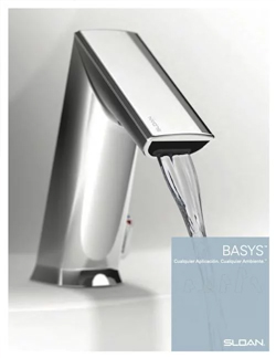 a Sloan BASYS® electronic faucet, one of the brand’s most advanced product lines. Its sleek, angular design blends precision, modern aesthetics, and hydraulic efficiency. BASYS® embodies the balance between technological innovation and resource conservation, ideal for commercial facilities seeking both performance and sustainability.
