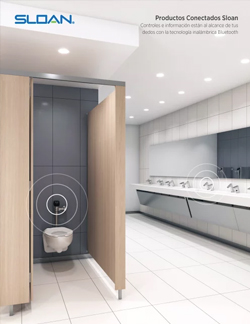 a modern commercial restroom equipped with Sloan’s connected products. Devices such as flushometers and faucets feature Bluetooth wireless technology, enabling smart monitoring and control. The setting combines light wood, white surfaces, and polished finishes to convey innovation and efficiency.