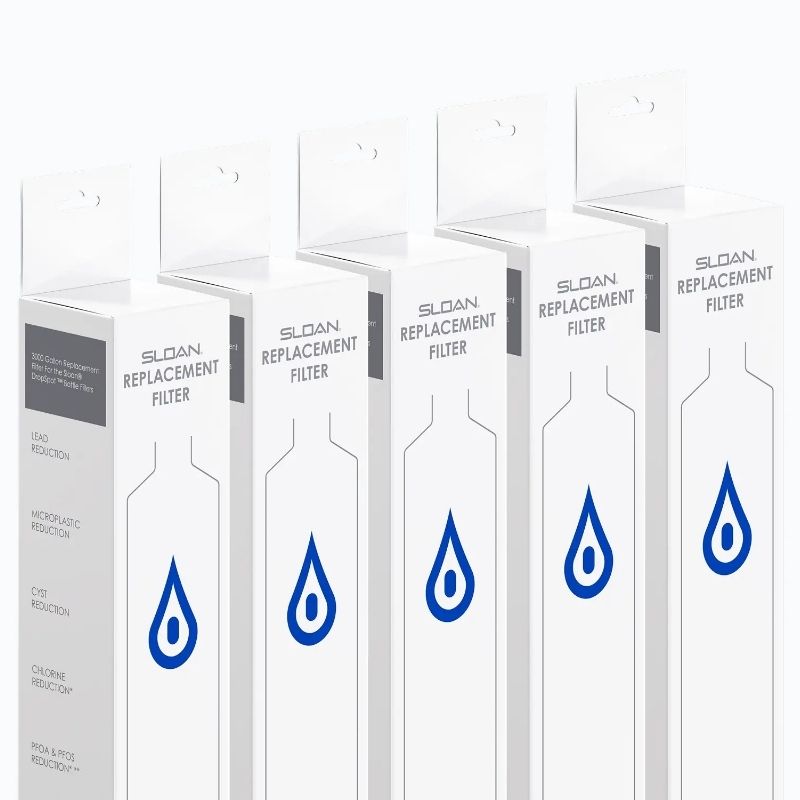 Rows of Sloan replacement filter boxes with a clean white design and blue water drop logo.