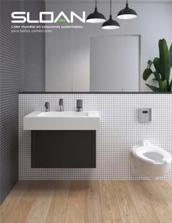 an elegant restroom featuring Sloan’s modern, minimalist finishes. With a sleek rectangular sink, matte black faucet, and wall-mounted white urinal, the space blends materials such as wood and ceramic to create a sophisticated, clean, and contemporary atmosphere.