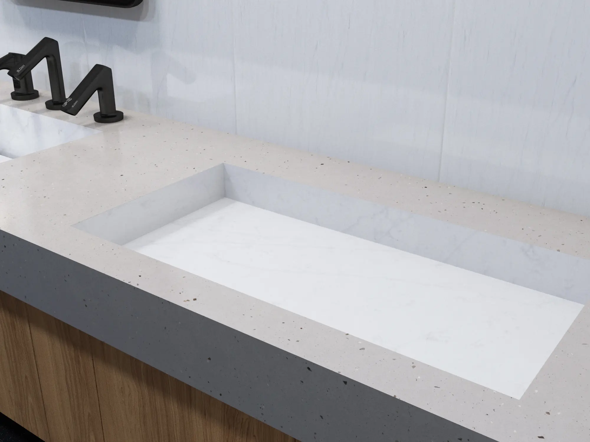 Integrated baby changing station within the sink system, offering convenience and hygiene in shared restrooms.