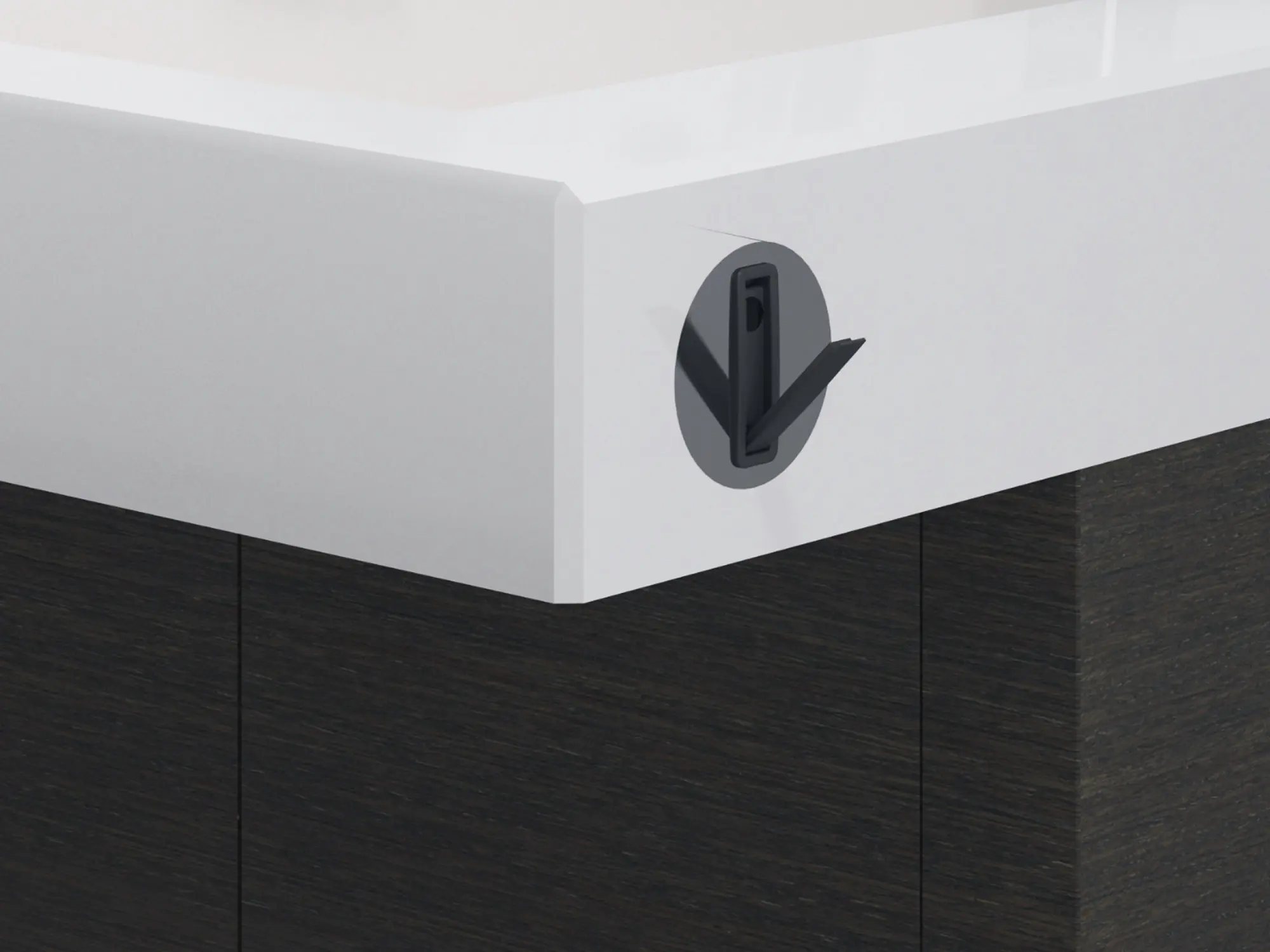 Integrated countertop hook for convenient hanging of bags or accessories, blending functionality with sleek design.