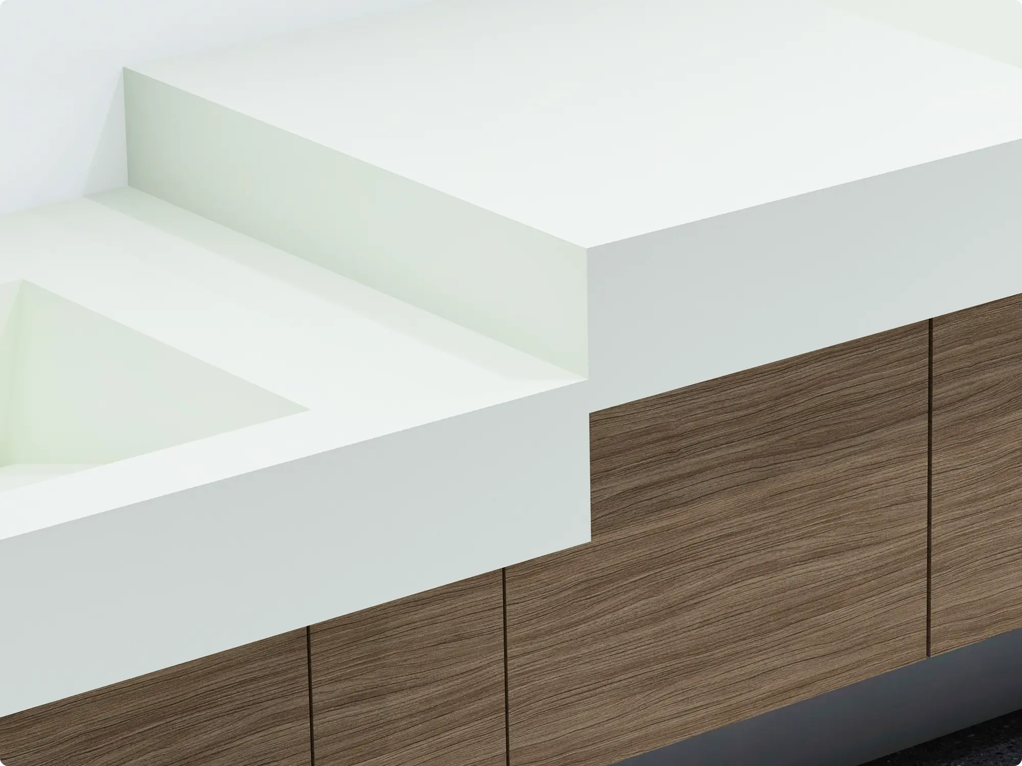 Custom sink system featuring multiple basin heights for accessibility and user comfort.