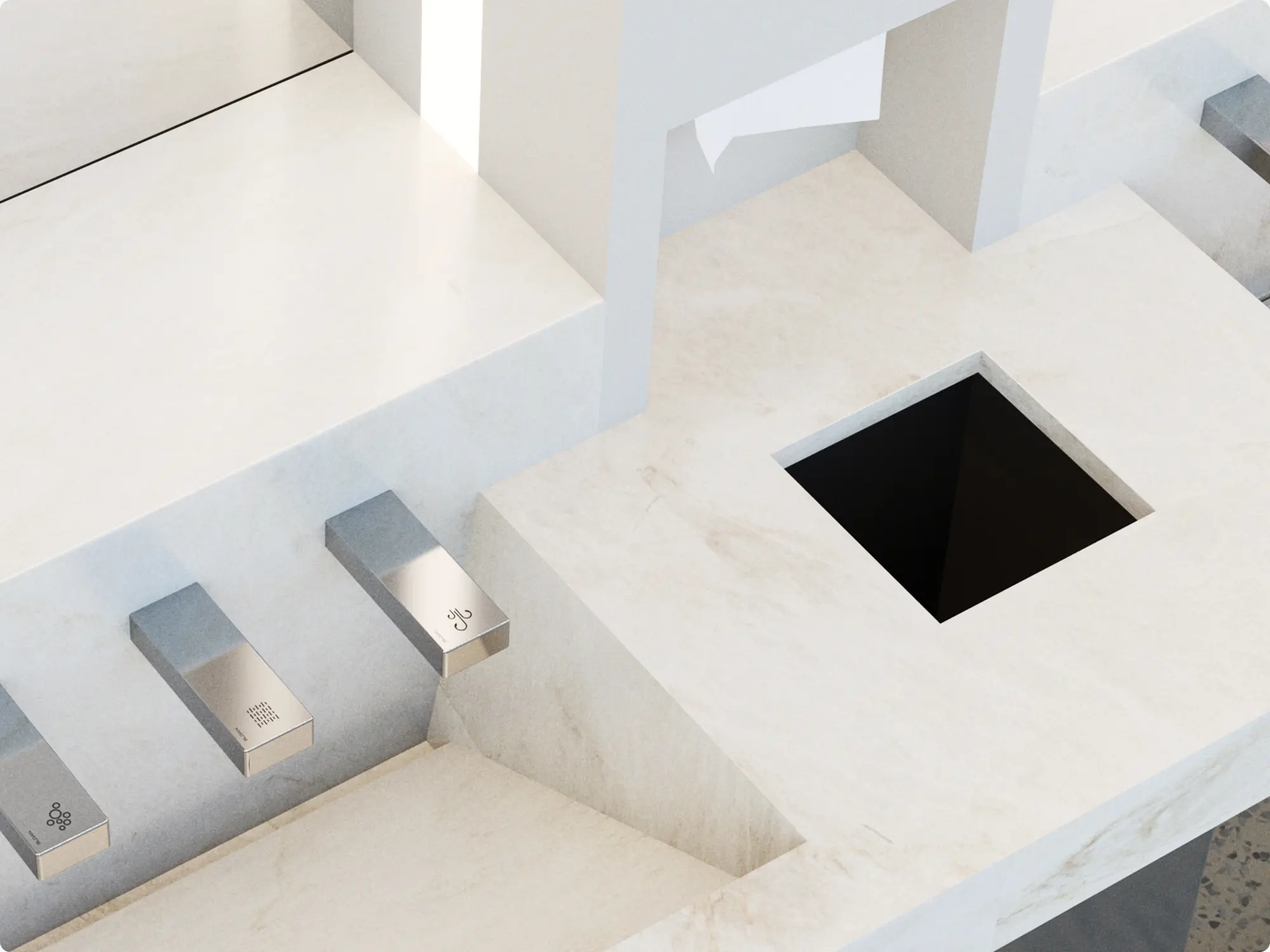 Integrated countertop waste chute for streamlined and hygienic restroom design, promoting clean and efficient disposal.