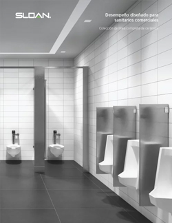 a modern commercial restroom equipped with Sloan ceramic urinals and toilets. The design features clean lines, metallic dividers, and a sleek neutral environment, emphasizing the brand’s commitment to efficiency, durability, and professional aesthetics.