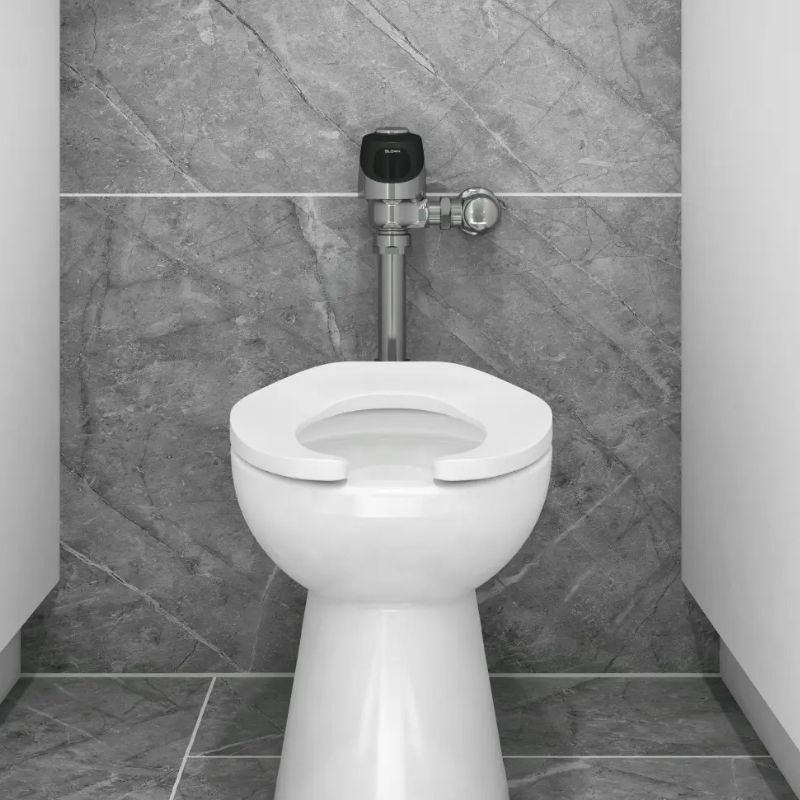 Toilet with wall-mounted Sloan automatic flushometer in a modern stall with gray marble walls.