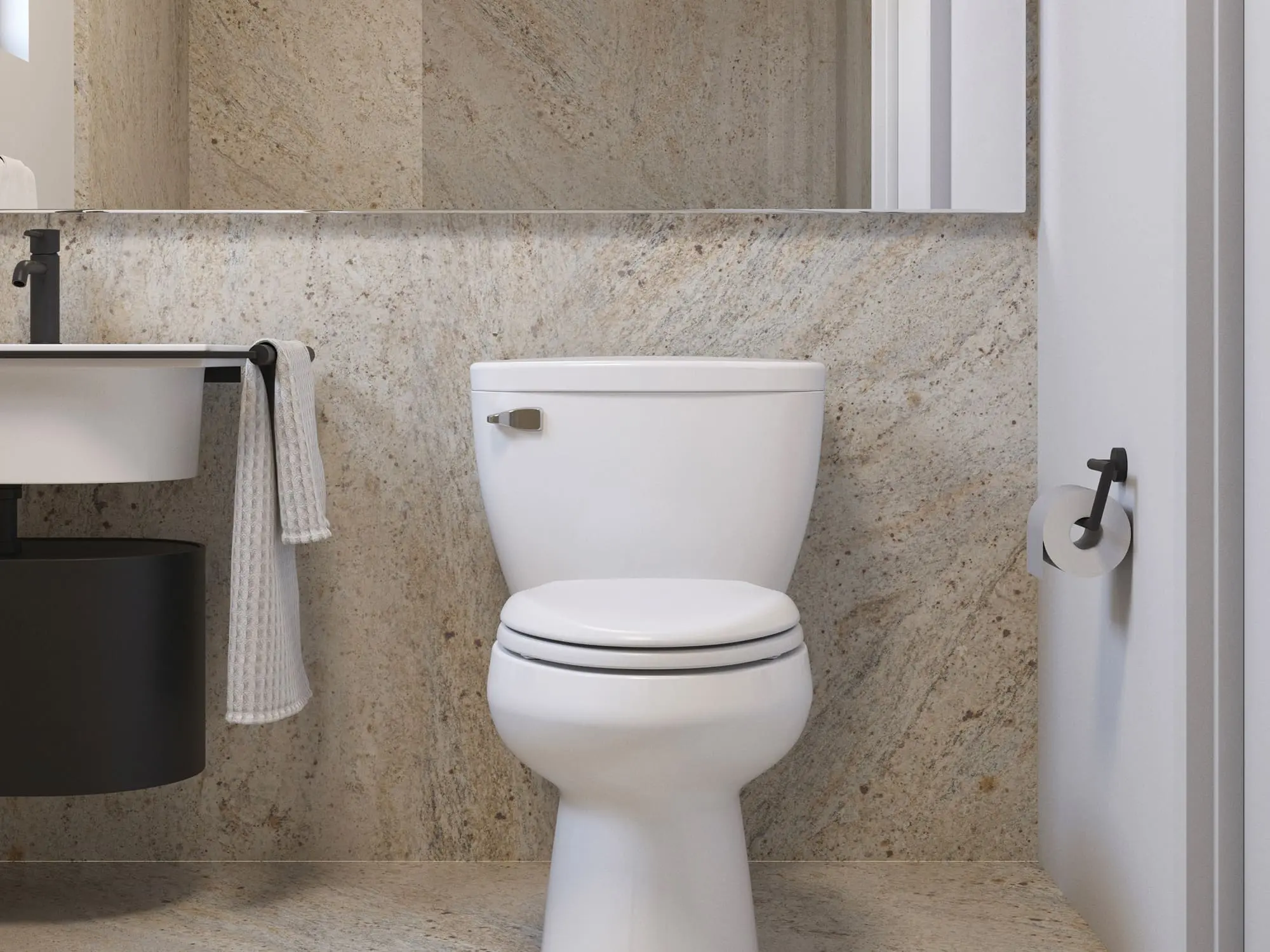 Modern bathroom with a Sloan pressure-assisted toilet in a neutral-toned setting featuring stone walls and minimalist fixtures.