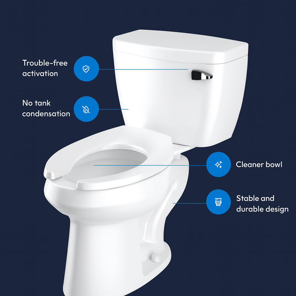 Sloan pressure-assisted toilet highlighting features such as trouble-free activation, no tank condensation, cleaner bowl, and durable design.