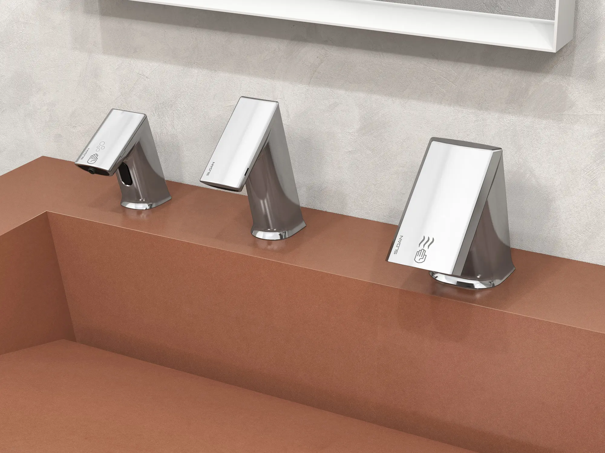 Sloan sensor faucet and hand dryer system in polished chrome finish, installed on a terracotta-colored vanity with a minimalist design.