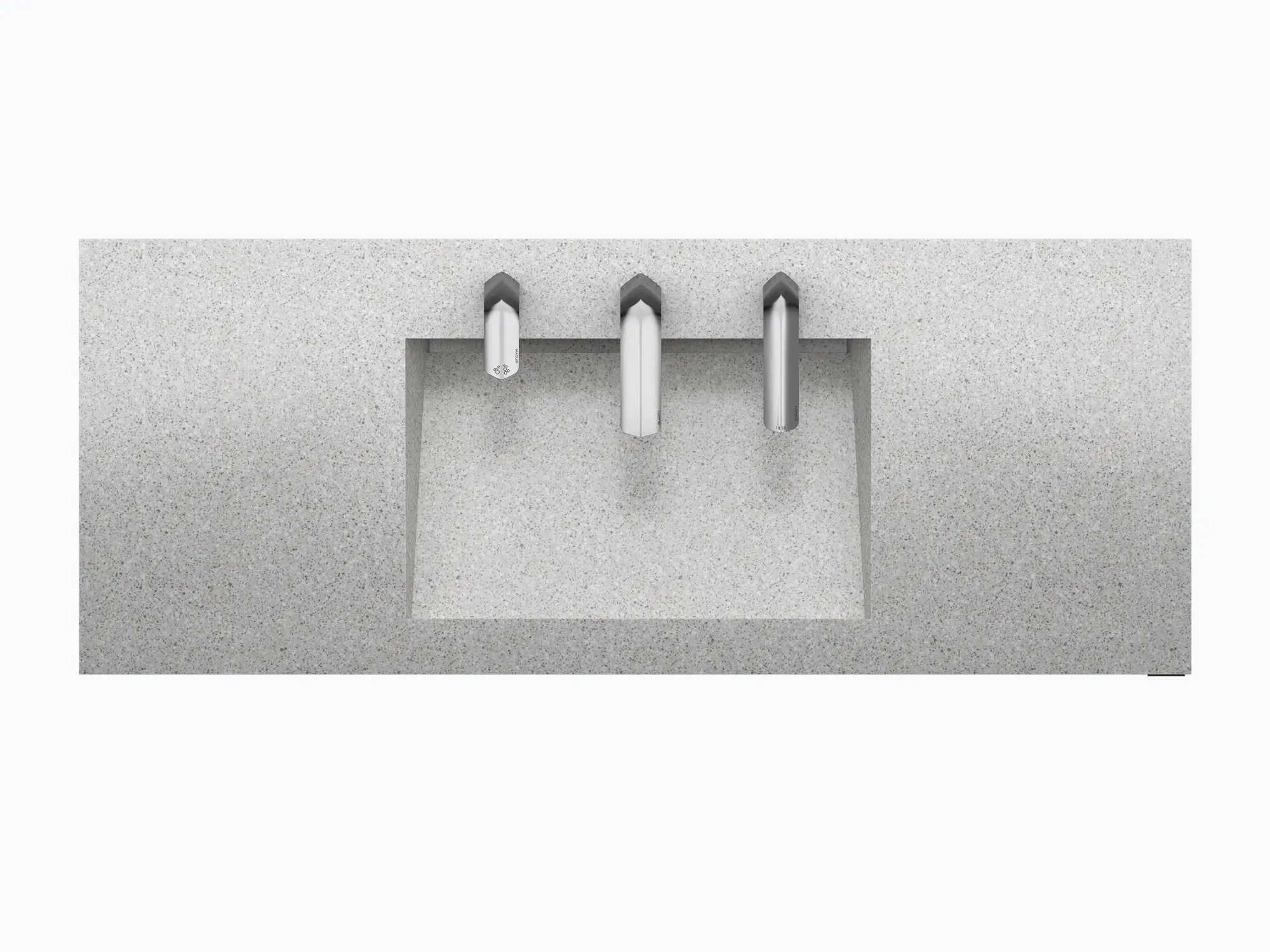 Single sink with Sloan faucet and hand dryer in polished chrome, featuring dual side extensions for enhanced accessibility.