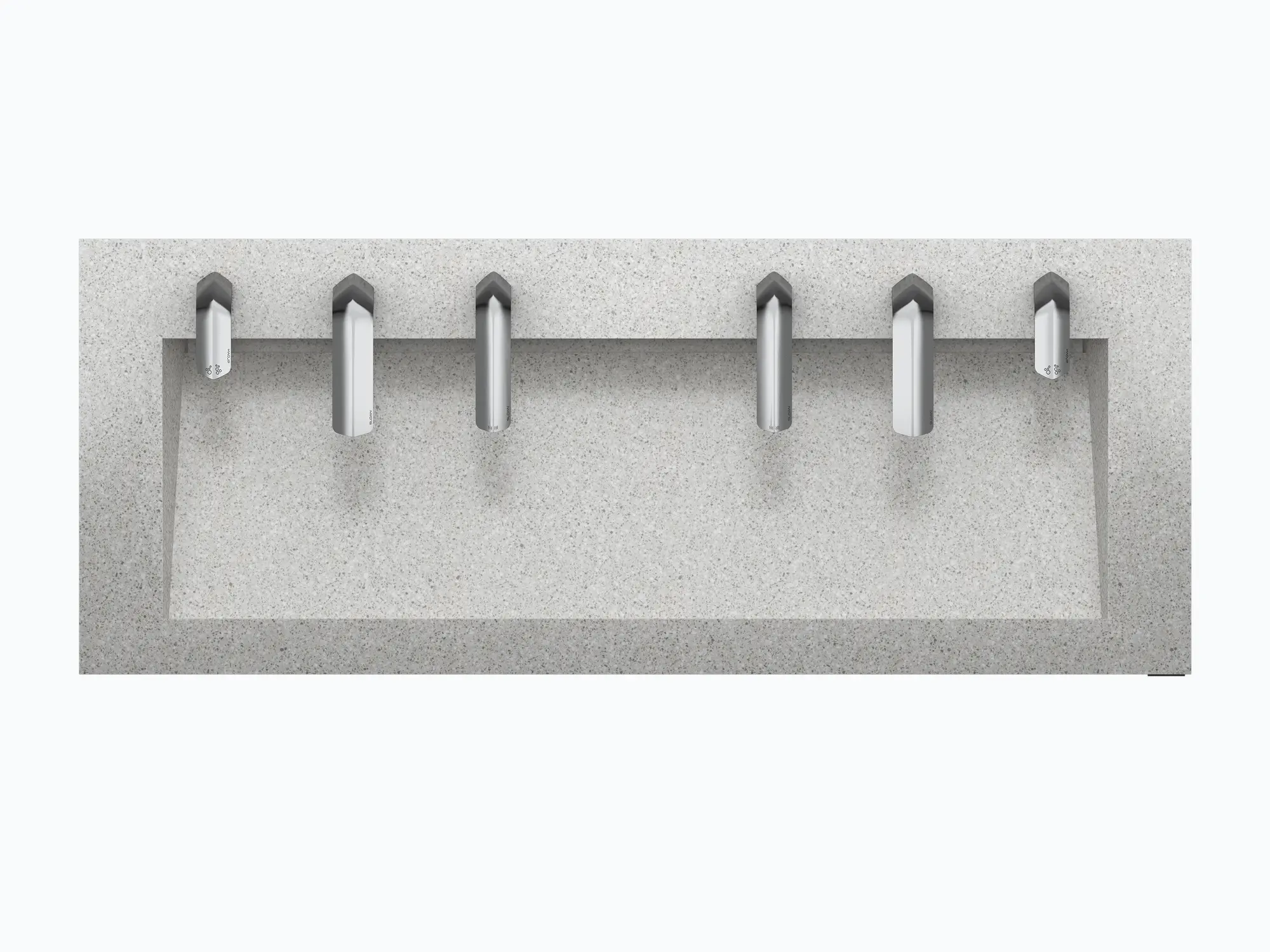 Multi-user trough sink with Sloan faucets and integrated hand dryers in polished chrome, designed for high-traffic restrooms.