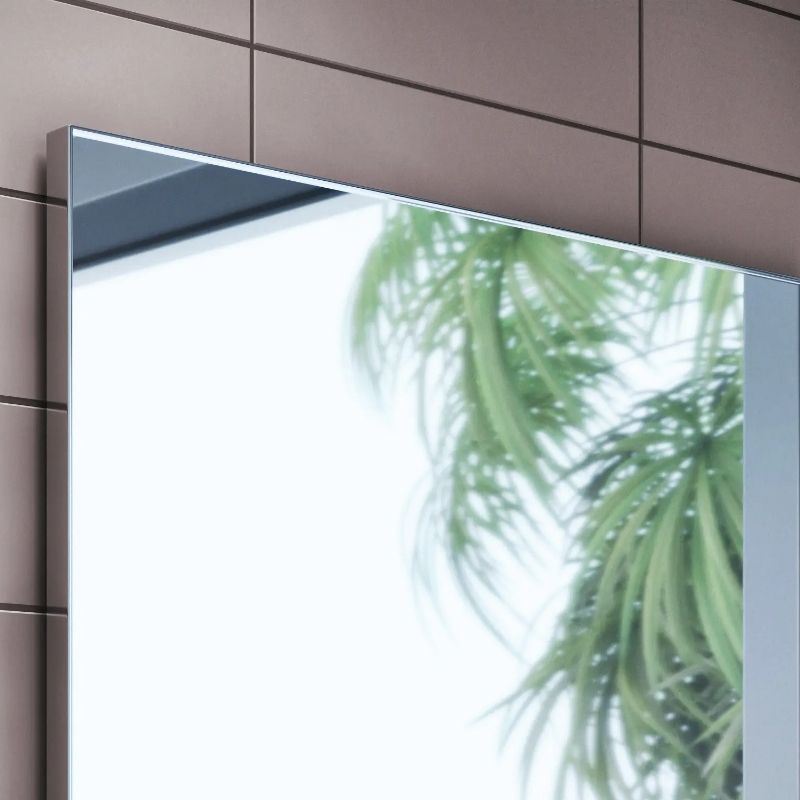 Close-up of a Sloan mirror with a slim metal frame mounted on a tiled wall, reflecting a green plant.