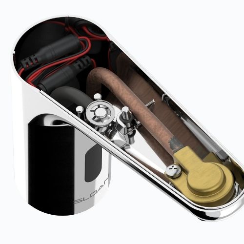 Internal view of a Sloan automatic faucet showing internal components including wiring, brass valve, and electronic mechanism.