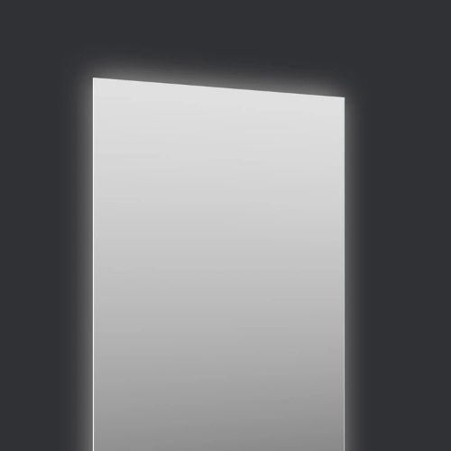 Rectangular Sloan mirror with rear LED lighting mounted on a dark wall.