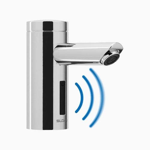 Sloan automatic touchless faucet with motion sensor illustrated by blue infrared detection waves.