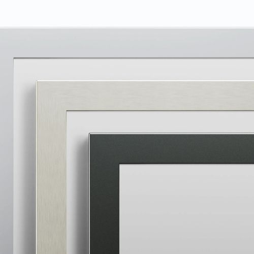 Sloan mirror frames in various finishes: white, brushed steel, and matte black.
