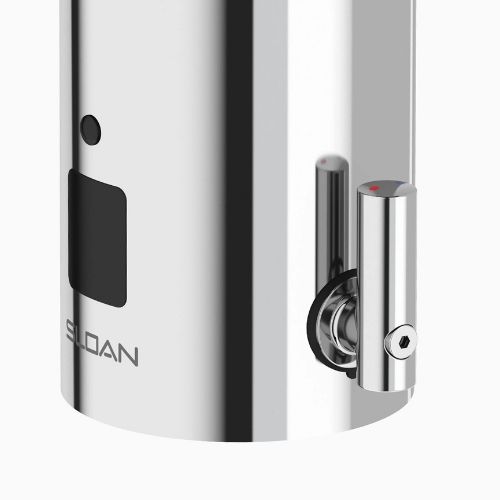 Close-up of the side temperature control lever on a Sloan automatic chrome faucet.