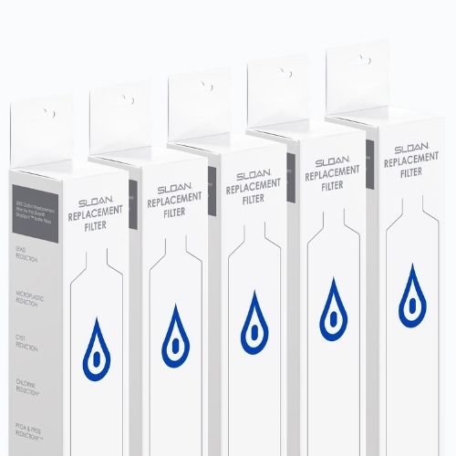 Row of Sloan replacement water filters in white packaging with blue drop icons.