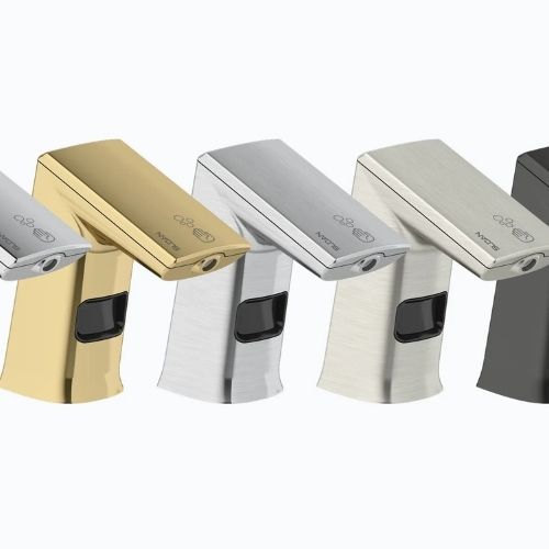 Sloan faucets in different metallic finishes: gold, chrome, brushed nickel, and matte black.