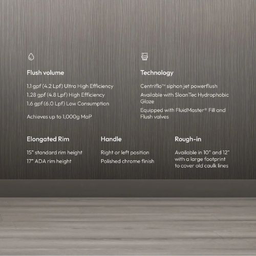 Technical specifications for Sloan gravity toilets showing flush volume, technology, handle, and installation options.