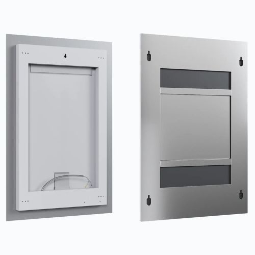 Rear view of two Sloan mirrors showing their metal frames and recessed mounting system.