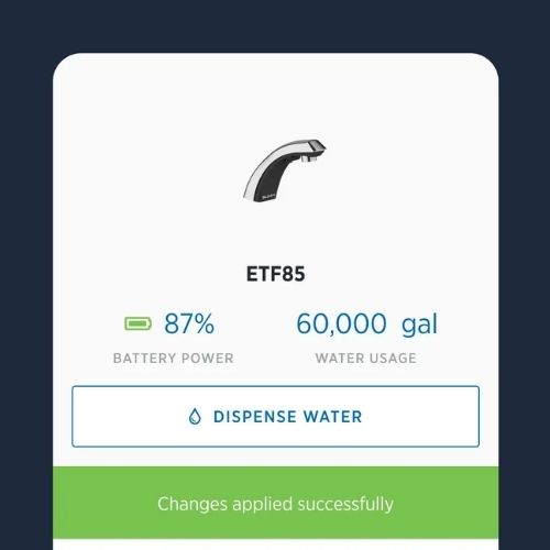 Sloan Connect app screen showing ETF85 faucet status